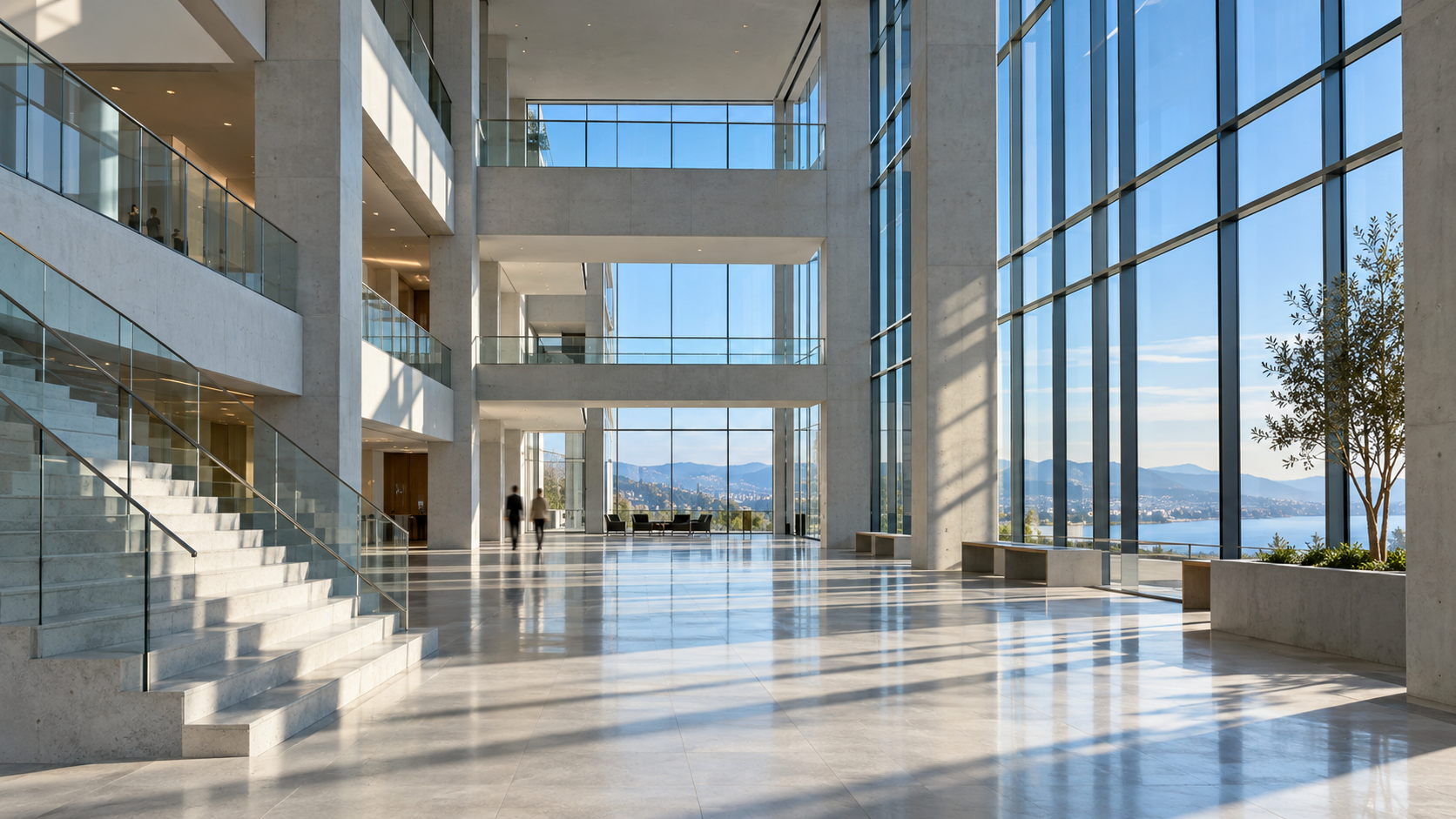 A bright office atrium in concrete and glass