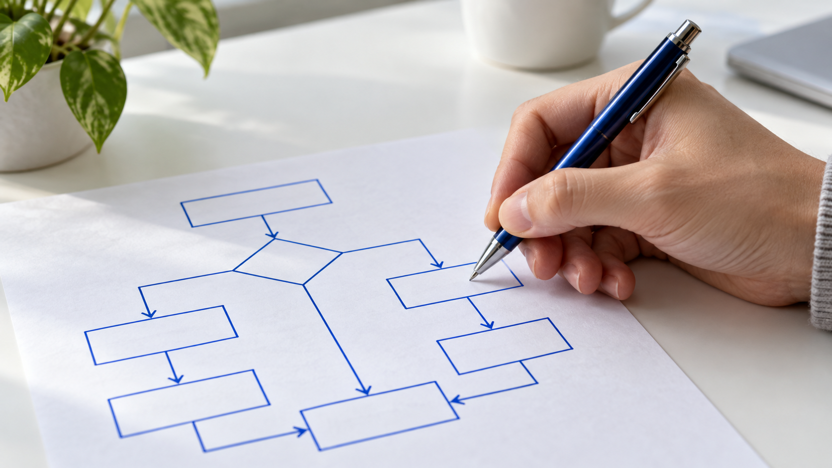 A hand drawing a flow diagram in blue ink