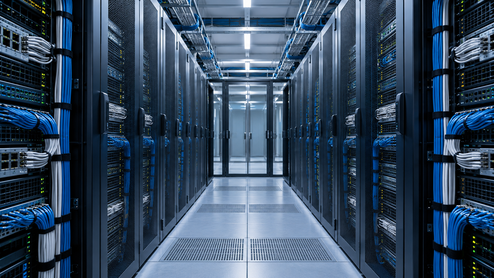 An orderly server room corridor