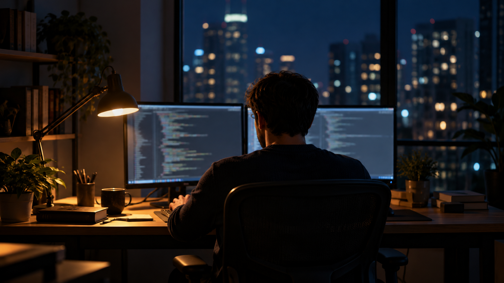 An engineer working late at two monitors