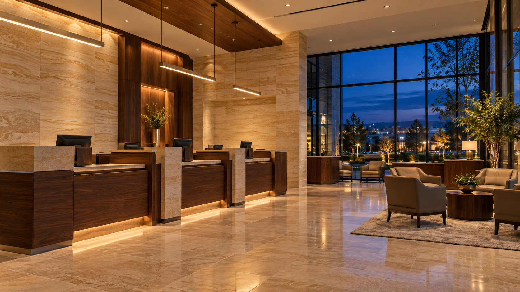 A bank branch interior at dusk