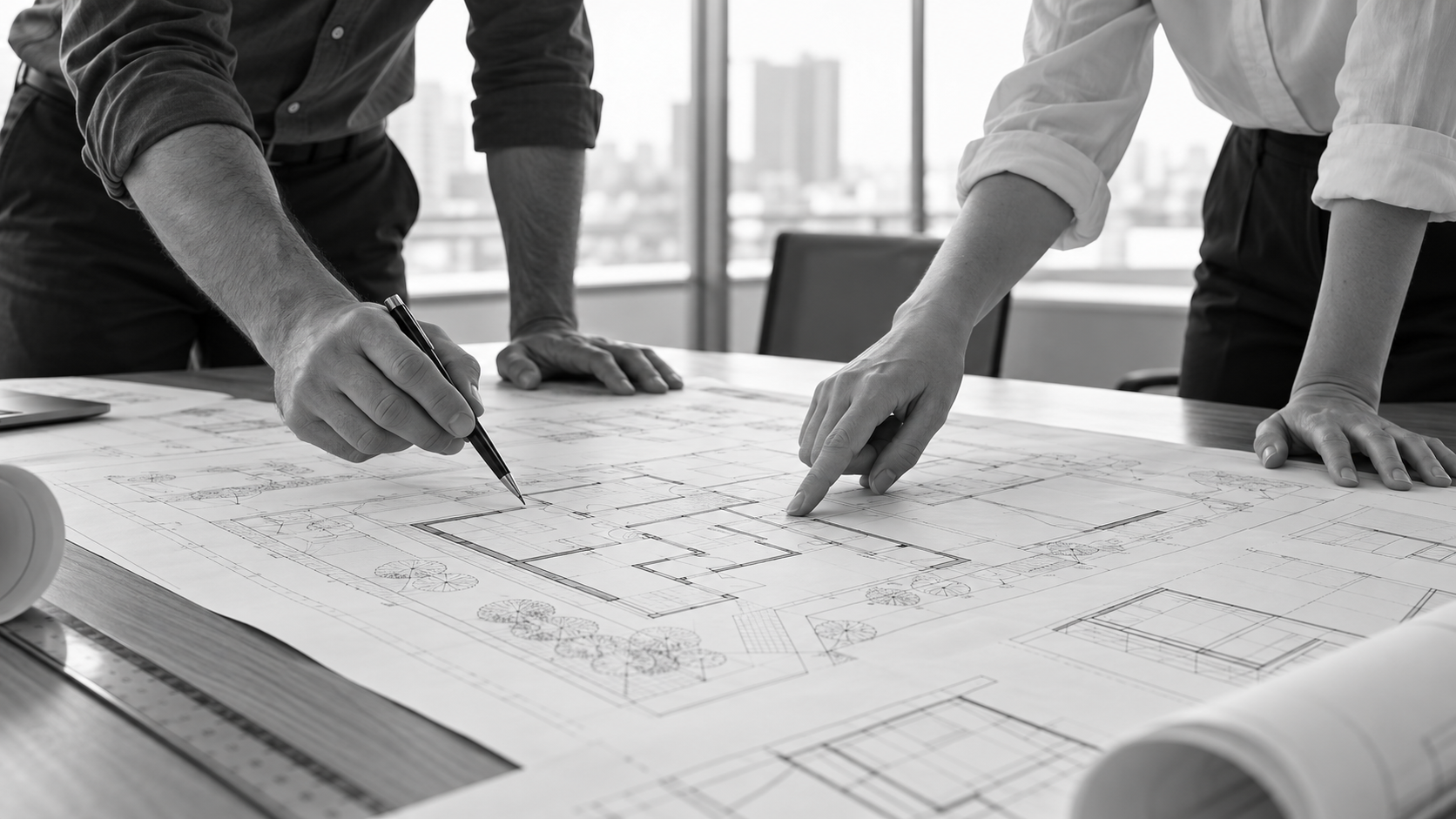Two people reviewing printed plans