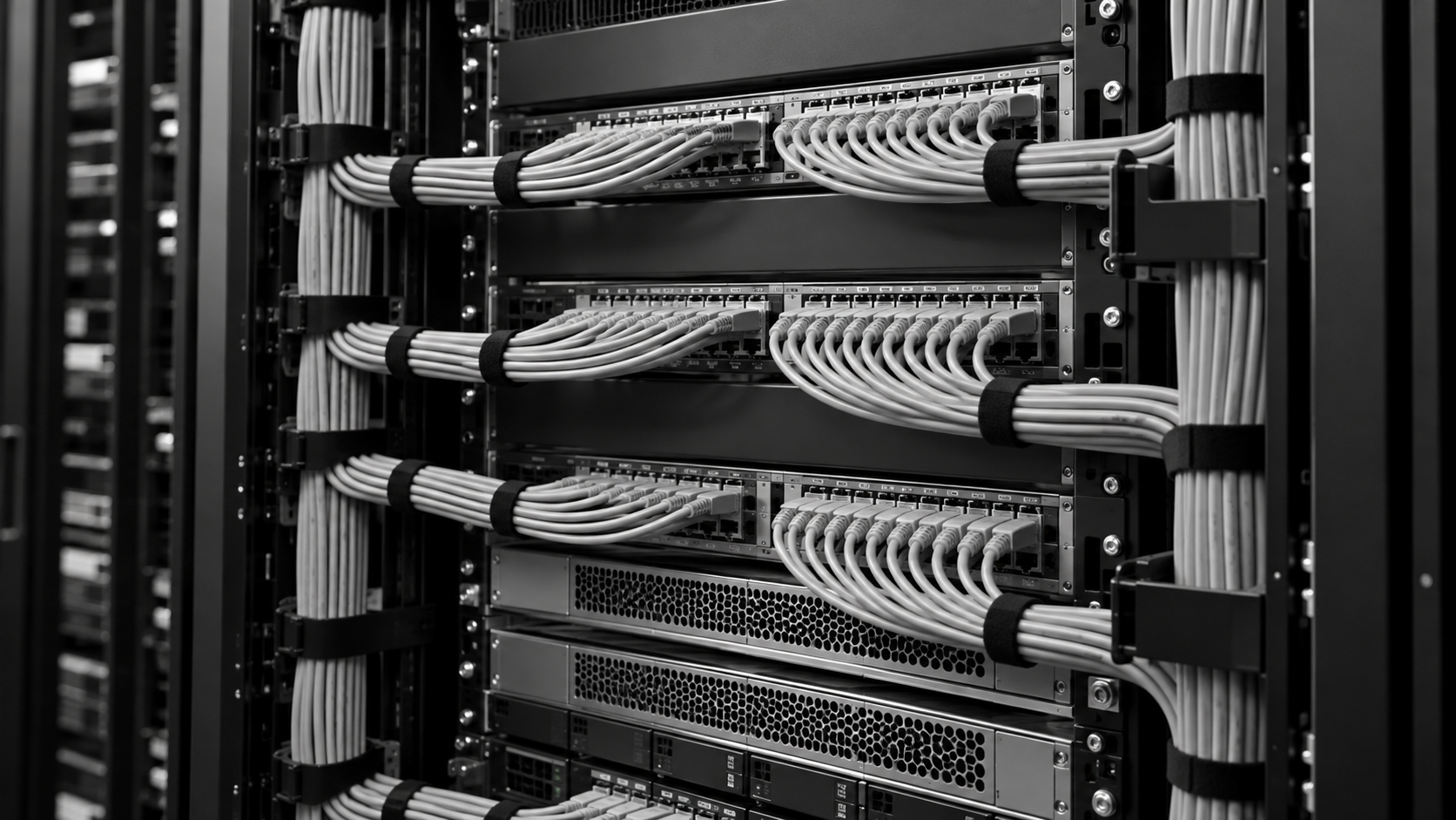 A data centre rack with ordered cables