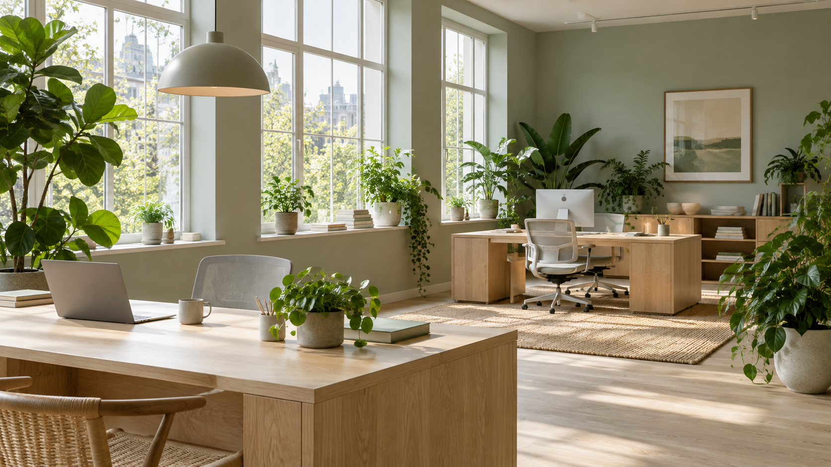 A bright office with plants
