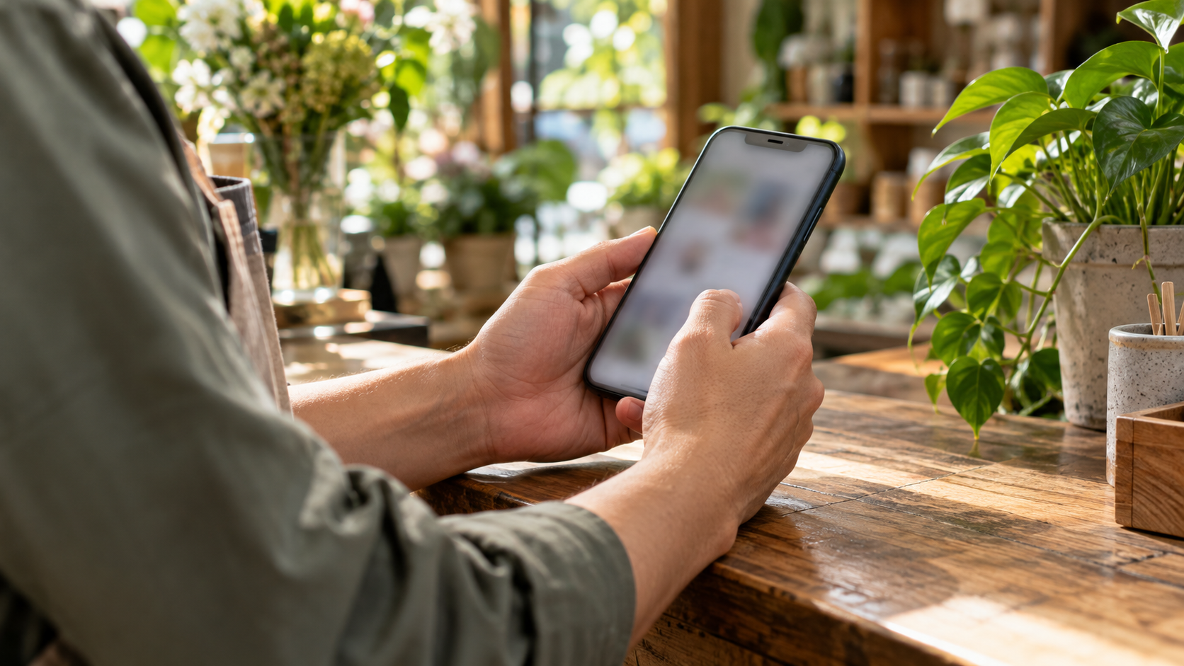 A shop owner holding a phone at the counter