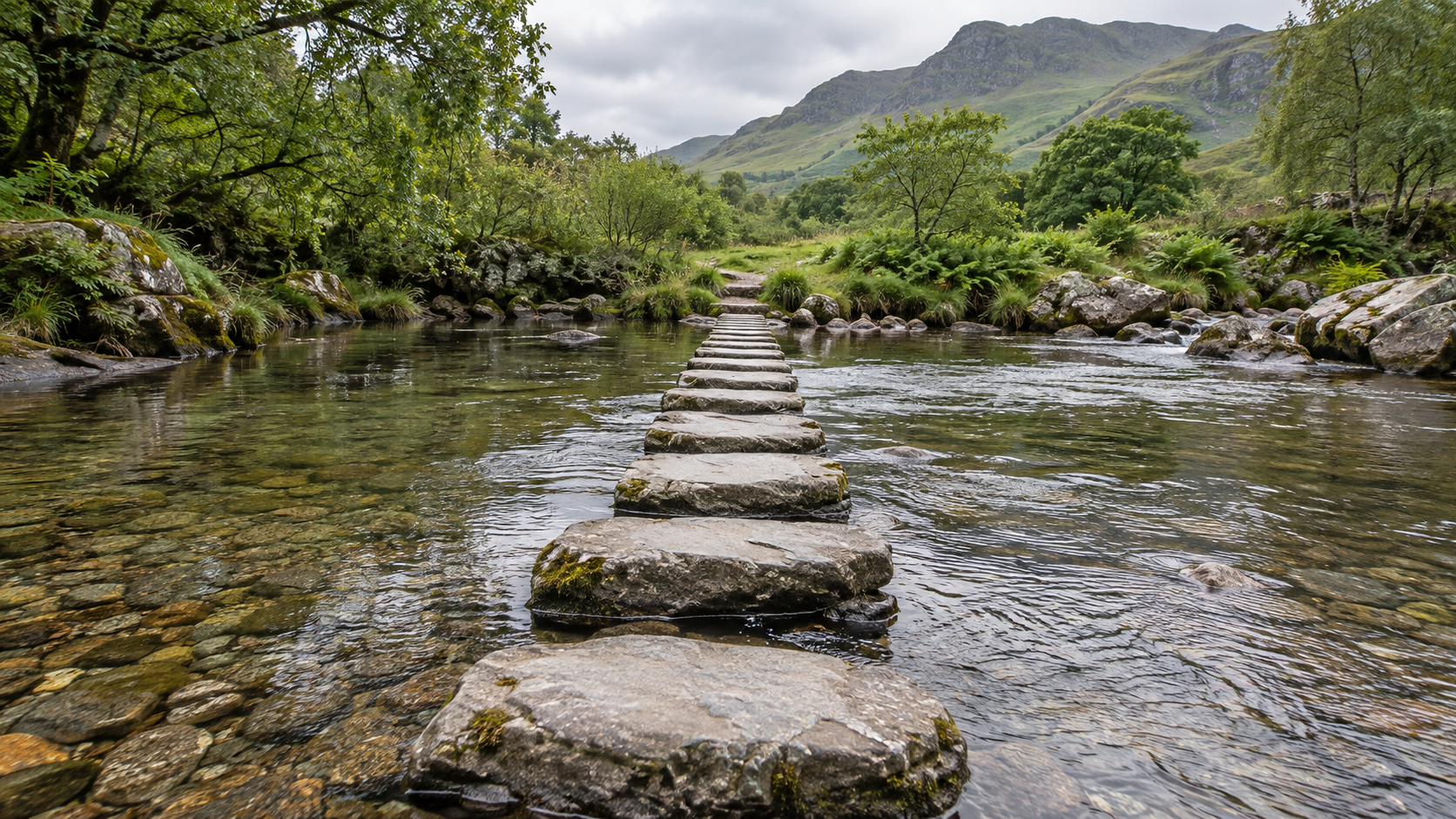 Stepping stones across a calm river